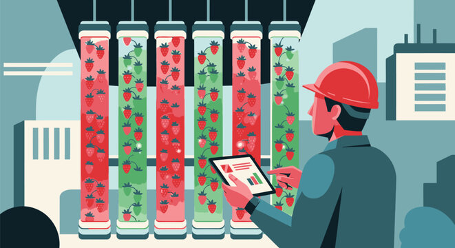 A worker using a tablet to monitor strawberry production in a vertical farming facility.