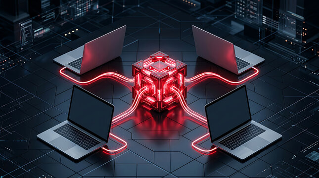 Cybersecurity Network Data Protection Concept With Glowing Red Central Server And Connected Laptops