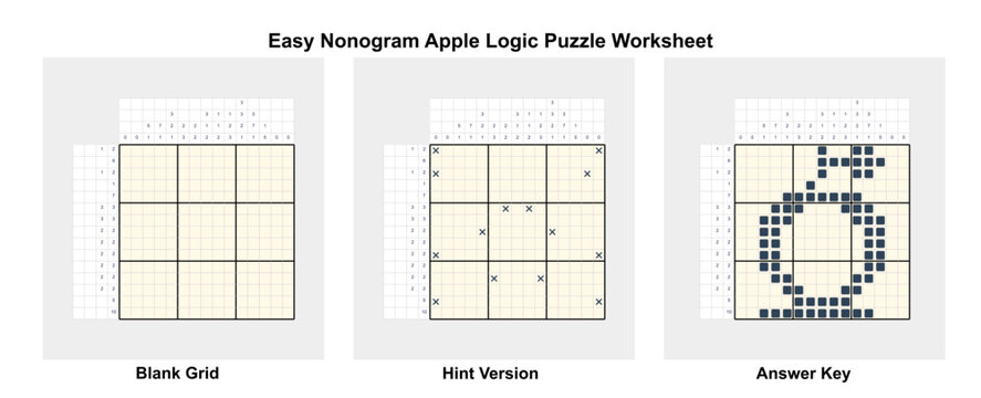 Apple nonogram worksheet with blank grid, hint version and completed answer key. The puzzle promotes logical thinking, concentration and visual problem solving through a fruit theme