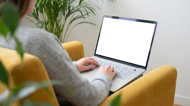 Young Woman Working On Laptop Computer In Living Room With Blank Screen Mockup
