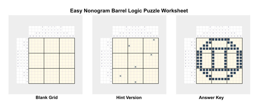 Barrel nonogram worksheet with blank grid, hint version and completed answer key. The puzzle encourages logical reasoning, concentration and visual deduction through a rustic object theme
