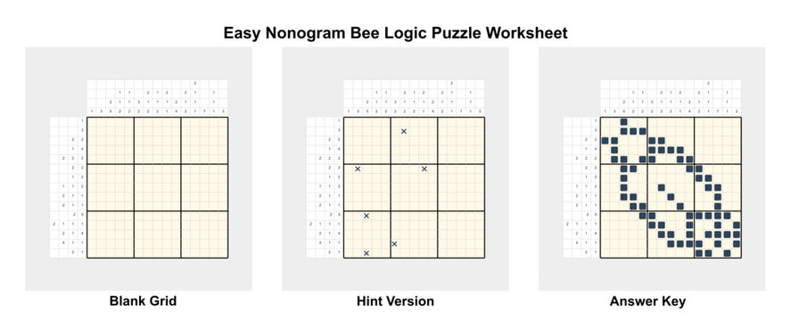 Bee nonogram worksheet with blank grid, hint version and completed answer key. The puzzle combines logical thinking with a honey harvest and Honey Feast Day theme