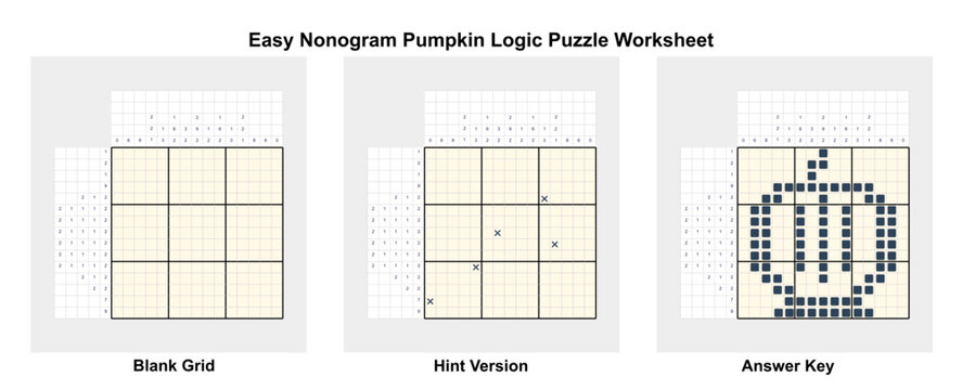 Pumpkin nonogram worksheet with blank grid, hint version and completed answer key. The puzzle promotes logical thinking, problem solving, concentration and educational entertainment.