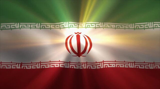 Iran national flag with green, white, red bands, central emblem, and Kufic script illuminated by radiant light effects.