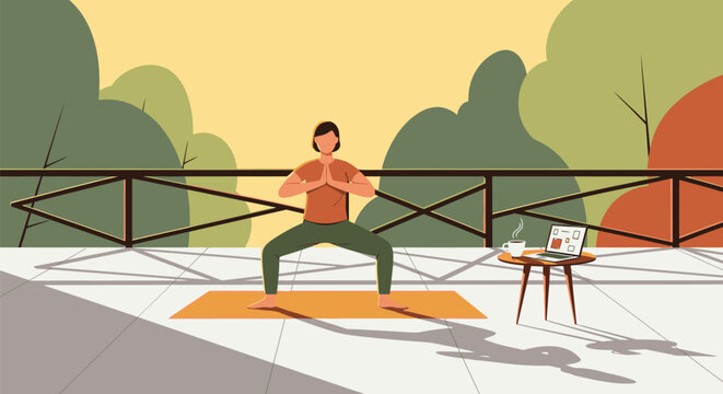 A young person practicing yoga outdoors on a mat with a laptop.