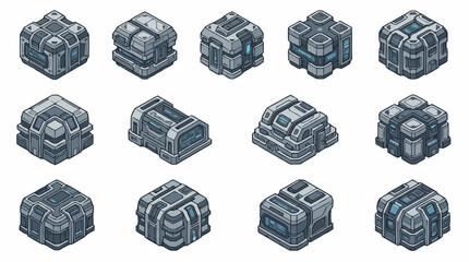 Set of isometric sci-fi building blocks and futuristic industrial cargo containers. © Anyar