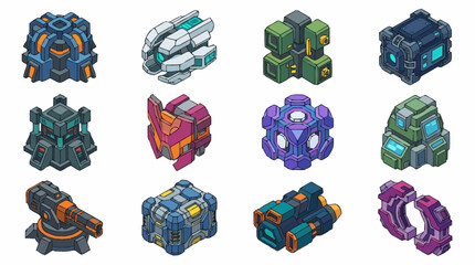 Set of isometric sci-fi game assets featuring futuristic buildings and mechanical structures. © Anyar