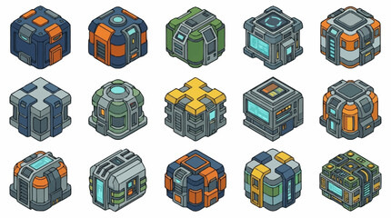 Set of isometric sci-fi cargo crates and futuristic supply containers for game design. © Anyar