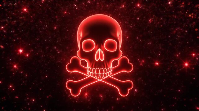 Glowing red skull and crossbones outlined in neon light against dark background with scattered red particles, symbolizing danger and warning.