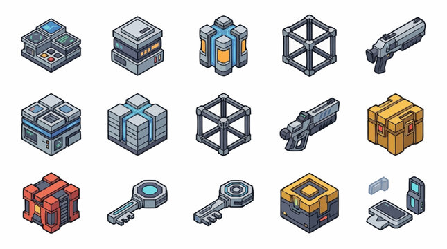 Set of isometric sci-fi game assets including crates keys weapons and futuristic technology modules.