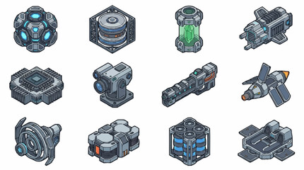 Set of isometric sci-fi game assets featuring futuristic machinery and technology elements. © Anyar