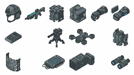 Set of isometric futuristic military equipment and sci-fi tactical gear icons. © Anyar