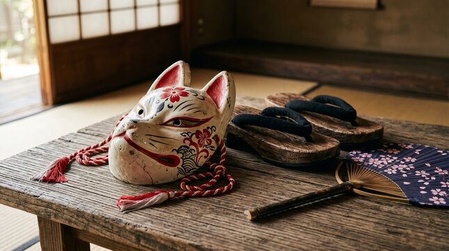 Traditional Japanese Kitsune Fox Mask with Wooden Geta Sandals and Folding Fan on Rustic Table in Old House, Zen Cultural Heritage Interior Concept, Soft Natural Lighting