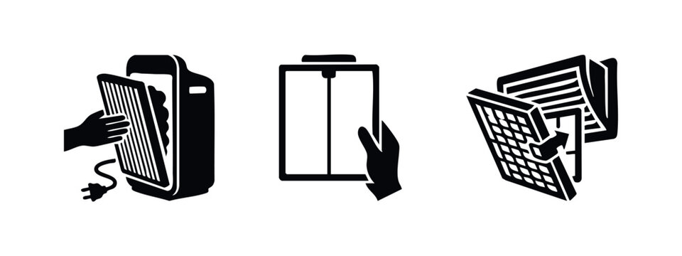 Air Filter Replacement Icons Set. Hand Changing Air Purification Filters Flat Vector Illustration.
