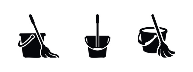 Mop and Bucket Icons Set. Cleaning Tools for Floor Washing and Household Chores Flat Vector. © Lili