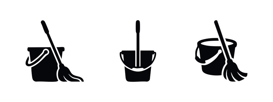 Mop and Bucket Icons Set. Cleaning Tools for Floor Washing and Household Chores Flat Vector.