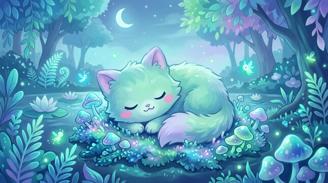 A cute green cartoon cat sleeping peacefully.
