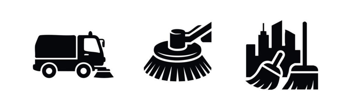 Street cleaning icons set. Street sweeper truck, rotating brush, and city cleanup symbols.
