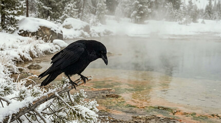 Obraz premium A common raven perched on a snowcovered pine branch overlooking a steaming geothermal pool in yellowstone national park during winter