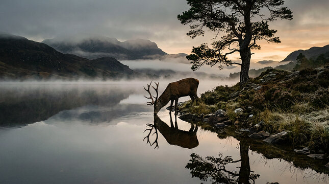 Majestic red deer stag drinking from a misty lake in the scottish highlands at sunrise