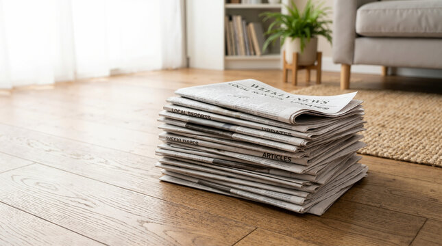 Stack of folded newspapers on a wooden floor at home. Daily news print media in a bright living room interior