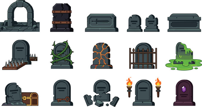 Fantasy Cemetery Tombstone Collection with Haunted Graves Coffins Gates Treasure Chest Magical Relics and Halloween Vector Set