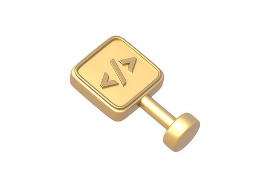 Golden road sign with coding symbol isolated on white background. Web programming icon. 3d render