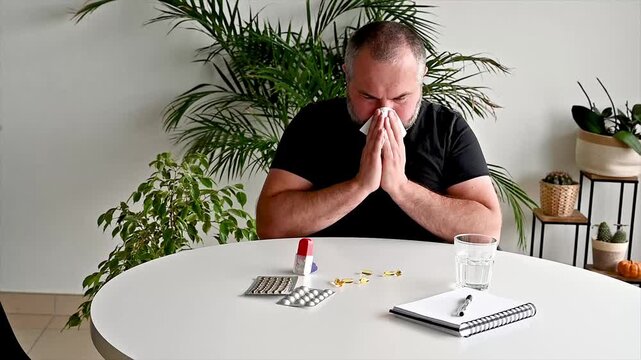 Mature man sneezing into a paper tissue at a table with blister packs of pills and supplements illustrating a cold flu seasonal allergy and treating illness at home.
