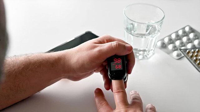 Close-up of a mature man using a fingertip pulse oximeter to measure blood oxygen and heart rate at a table with water and pills illustrating home health monitoring and self care.