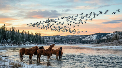 Wild horses standing in a river with a flock of snow geese flying overhead during a beautiful winter sunset © oneday