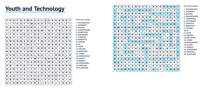 A word search puzzle sheet on the topic of Youth and Technology with answers for children, teenagers and adults