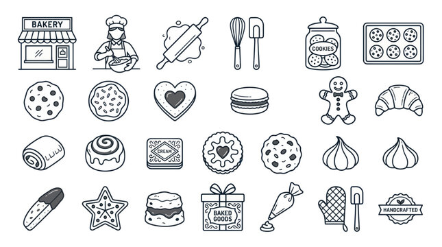 Bakery Icons Set: Cookies, Cakes, Pastries, Baking Tools, Chef, Shop