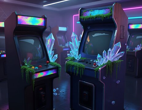 Surreal Retrogaming Arcade Room with Glowing Crystals and Overgrown Moss in a Neon Synthwave Environment