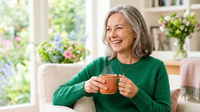 Smiling mature woman with grey hair holding a steaming mug. Happy senior widow in a green sweater sitting in an armchair at home. Hope and healing concept