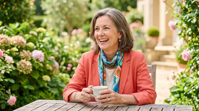Joyful mature woman laughing in a rose garden. Happy middle aged widow holding a mug at an outdoor wooden table. Recovery and hope concept