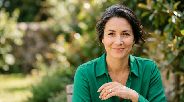 Confident middle aged woman smiling outdoors in a green shirt. Portrait of a mature widow with a wedding ring in a sunny garden. Strength and acceptance concept