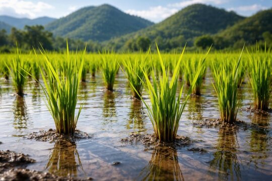 Plantas j&oacute;venes de arroz creciendo en aguas poco profundas con fondo monta&ntilde;oso