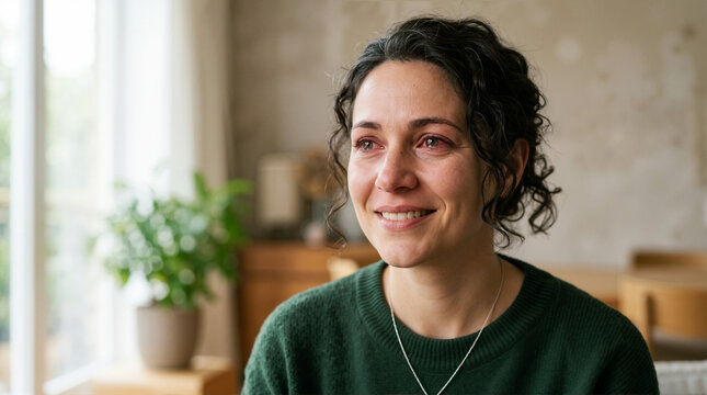 Smiling woman with tearful eyes looking hopeful. Portrait of a resilient young widow crying but smiling. International Widows Day concept