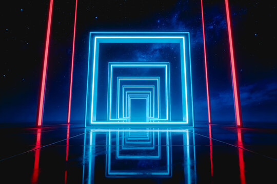A futuristic sci-fi scene featuring nested neon square tunnels, glowing blue frames, red vertical lights, and a reflective floor against a starry dark background.