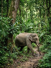 Naklejka premium Asian elephant in a tropical forest among dense greenery, natural habitat, high-quality, clear, and detailed photo.