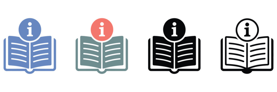 Manual book icon representing instruction manual, user guide, handbook symbols, technical documentation, and help system interface elements in line and solid styles, vector, design
