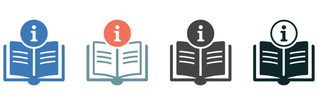 Manual book icon illustrating instruction guide, user handbook, documentation support, tutorial reference, and UI help resources in multiple styles, vector, design