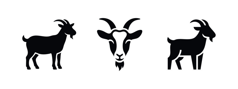 Goat Icon Set: Black Silhouettes of Farm Animals for Agriculture and Livestock Themes