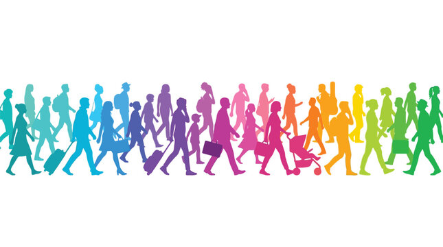 Vibrant crowd of diverse people walking together in a horizontal line formation featuring a spectrum of bright rainbow colors and minimalist flat vector shapes isolated on a clean and simple pure whit