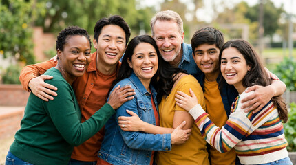 Fototapeta premium Diverse group of happy people hugging outdoors. Multicultural community standing together in support