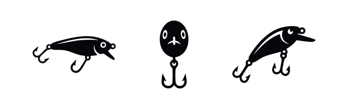 Set of fishing lure icons. Various artificial baits with hooks for angling. Black silhouette on white background.