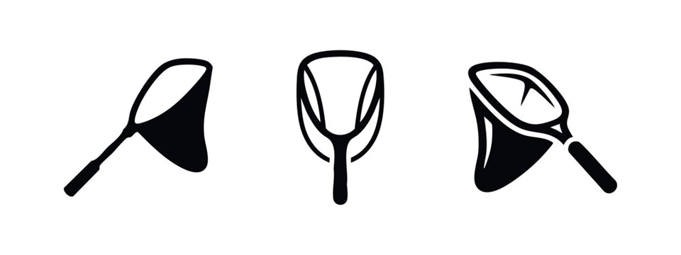 Set of butterfly net icons. Insect catching net in various views. Black silhouette on white background.