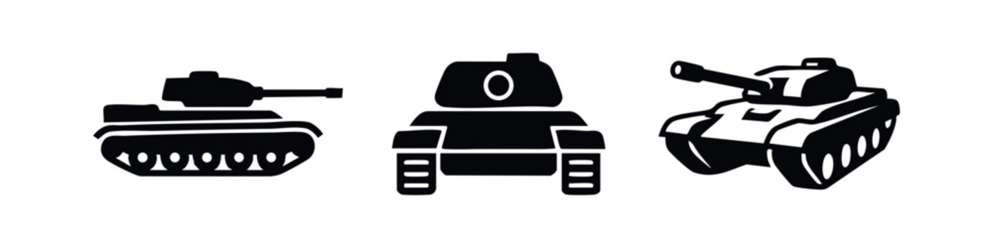 Set of military tank icons. Armored fighting vehicles in various views. Black silhouette on white background.