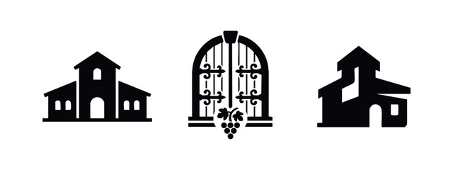 Fototapeta premium Winery and Vineyard Icons. Set of pictograms for buildings and a gate with grapes.