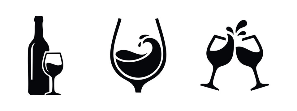Wine Bottle and Glasses Icons. Set of pictograms for wine serving and toasting.